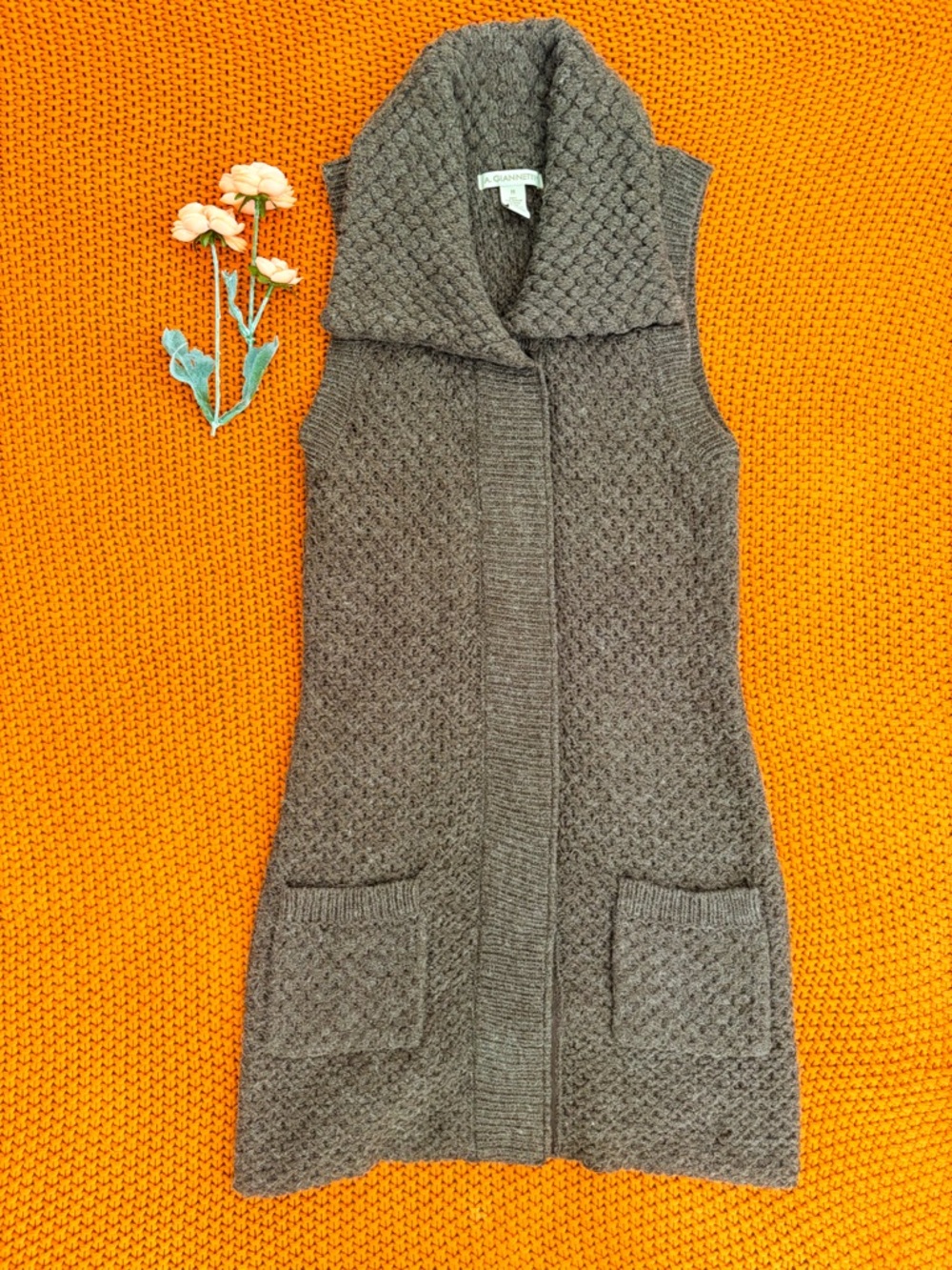 A. Giannetti Textured Knit Long Vest Taupe Brown Wool Blend Size M